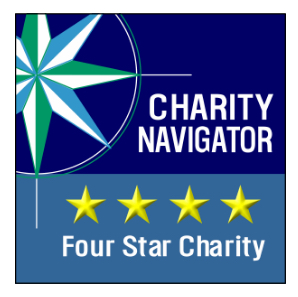 Icono azul, con palabras blancas "Charity Navigator, Four Star Charity" Fundación para la Educación de Hillsborough