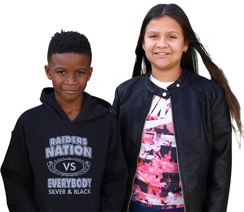 Cut out of two pre-teen, young children, standing side-by-side, smiling, with transparent background, Hillsborough Education Foundation
