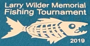 Logo, Larry Wilder Memorial Fishing Tournament, Hillsborough Education Foundation, white fish on blue background