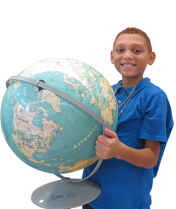 Cutout of young middle-school-aged boy holding classroom globe, smiling, Hillsborough Education Foundation