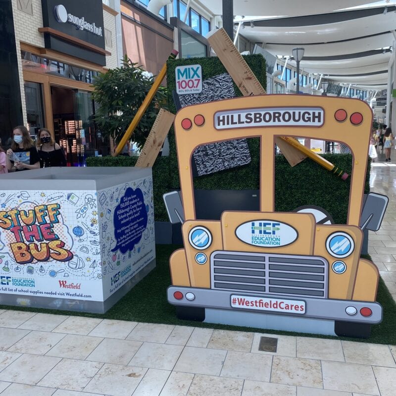 Hillsborough Education Foundation Stuff the Bus Display at Westfield Mall