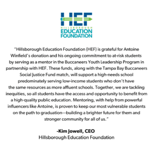 Hillsborough Education Foundation Statement from Kim Jowell on Antoine Winfield Jr. Donation.